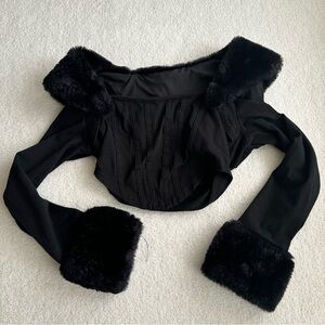 Cropped Black Faux Fur Trimmed Women's Top